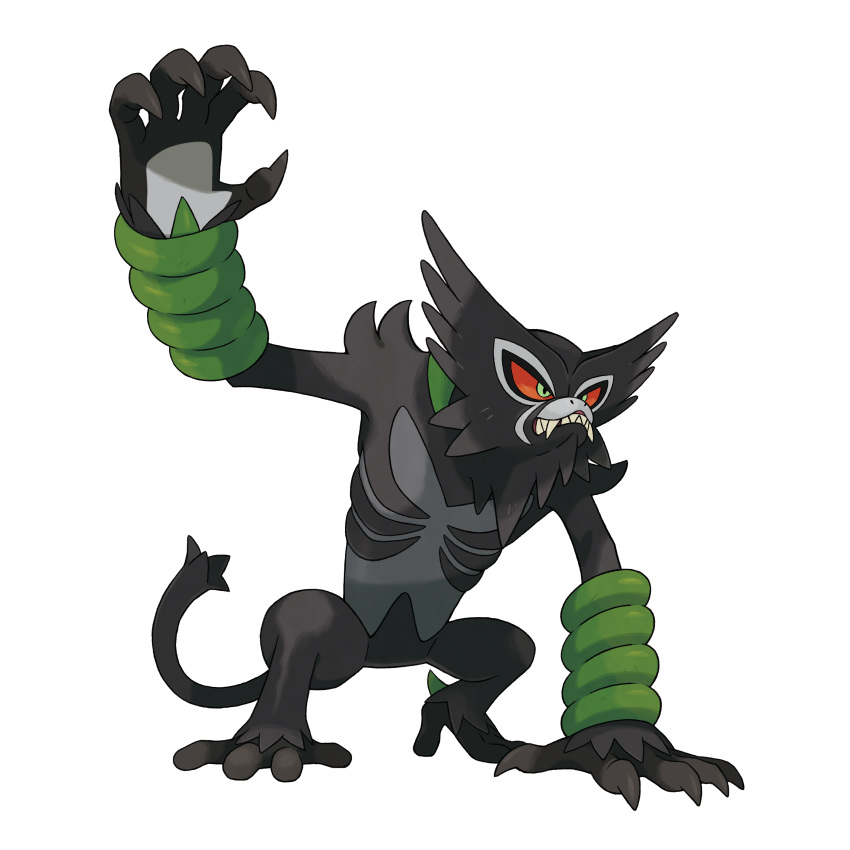 absurdres arm_up artist_request claws fangs full_body gen_8_pokemon green_eyes highres no_humans official_art outline pokemon pokemon_(creature) pokemon_(game) pokemon_swsh red_sclera sharp_teeth solo standing teeth transparent_background white_outline zarude