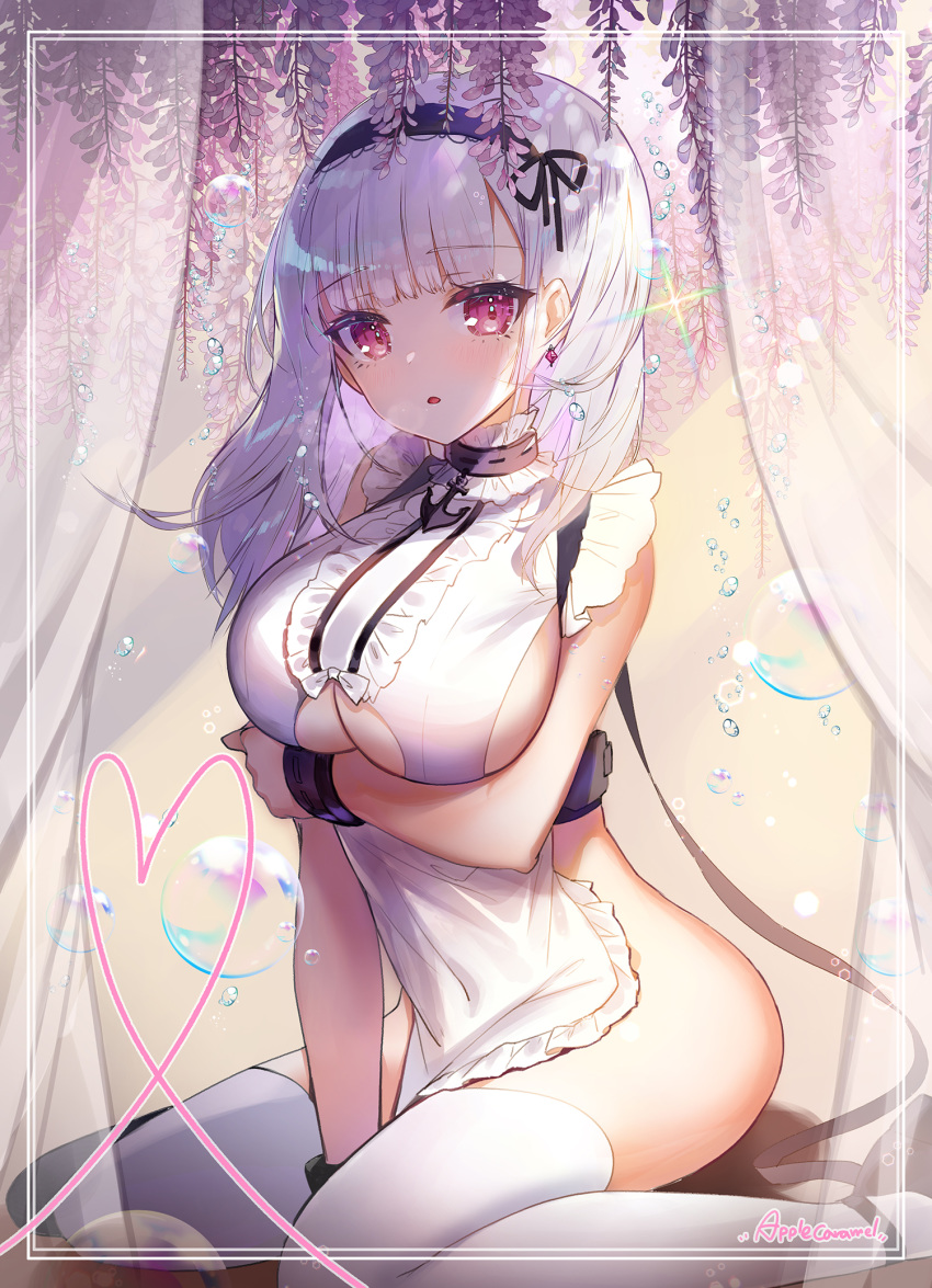 1girl apple_caramel apron azur_lane black_hairband blush breasts dido_(azur_lane) earrings eyebrows_visible_through_hair floral_background frills hairband highres jewelry large_breasts long_hair looking_at_viewer naked_apron pink_eyes silver_hair sleeveless solo thigh-highs under_boob underboob_cutout waist_apron white_apron white_legwear