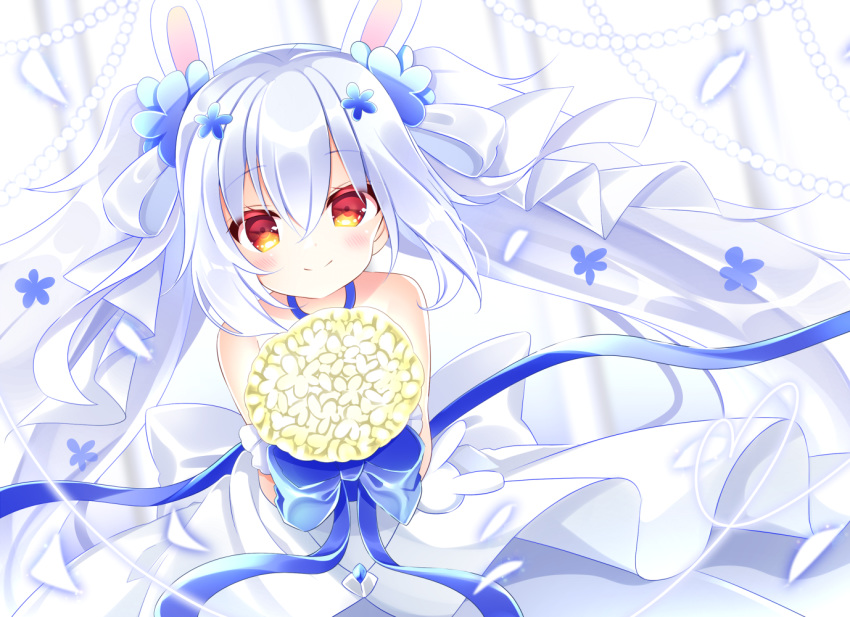 1girl animal_ears azur_lane bangs bare_shoulders blue_flower blurry blurry_background blush bouquet closed_mouth commentary_request depth_of_field dress eyebrows_visible_through_hair flower grey_ribbon hair_between_eyes hair_flower hair_ornament hair_ribbon holding holding_bouquet laffey_(azur_lane) laffey_(white_rabbit's_oath)_(azur_lane) long_hair looking_at_viewer rabbit_ears red_eyes ribbon shikito silver_hair smile solo very_long_hair wedding_dress white_dress yellow_flower