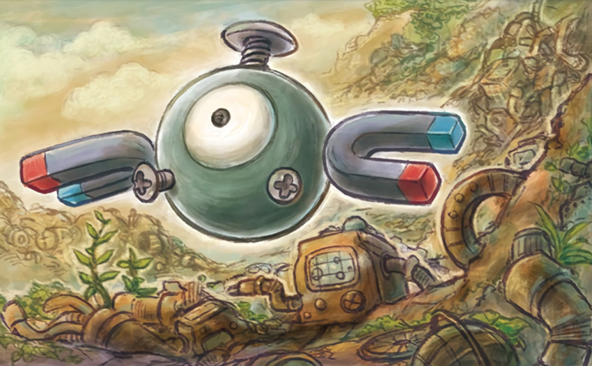 black_eyes clouds cloudy_sky creature day floating gen_1_pokemon magnemite magnet no_humans official_art outdoors plant pokemon pokemon_(creature) pokemon_trading_card_game screw single_eye sky solo sowsow third-party_source