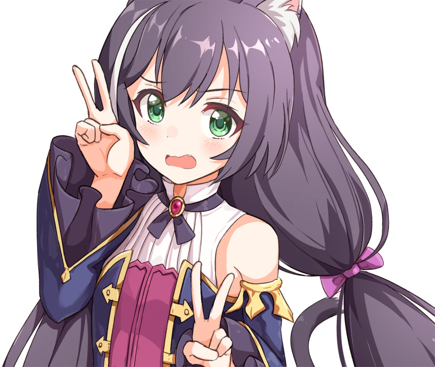 1girl ame. animal_ear_fluff animal_ears bangs black_hair blue_sleeves blush bow cat_ears cat_girl cat_tail collared_shirt commentary_request detached_sleeves double_v eyebrows_visible_through_hair fang green_eyes hair_bow hands_up kyaru_(princess_connect) long_hair long_sleeves looking_at_viewer low_twintails multicolored_hair open_mouth princess_connect! princess_connect!_re:dive purple_bow shirt simple_background sleeveless sleeveless_shirt solo streaked_hair tail twintails upper_body v wavy_mouth white_background white_hair white_shirt wide_sleeves