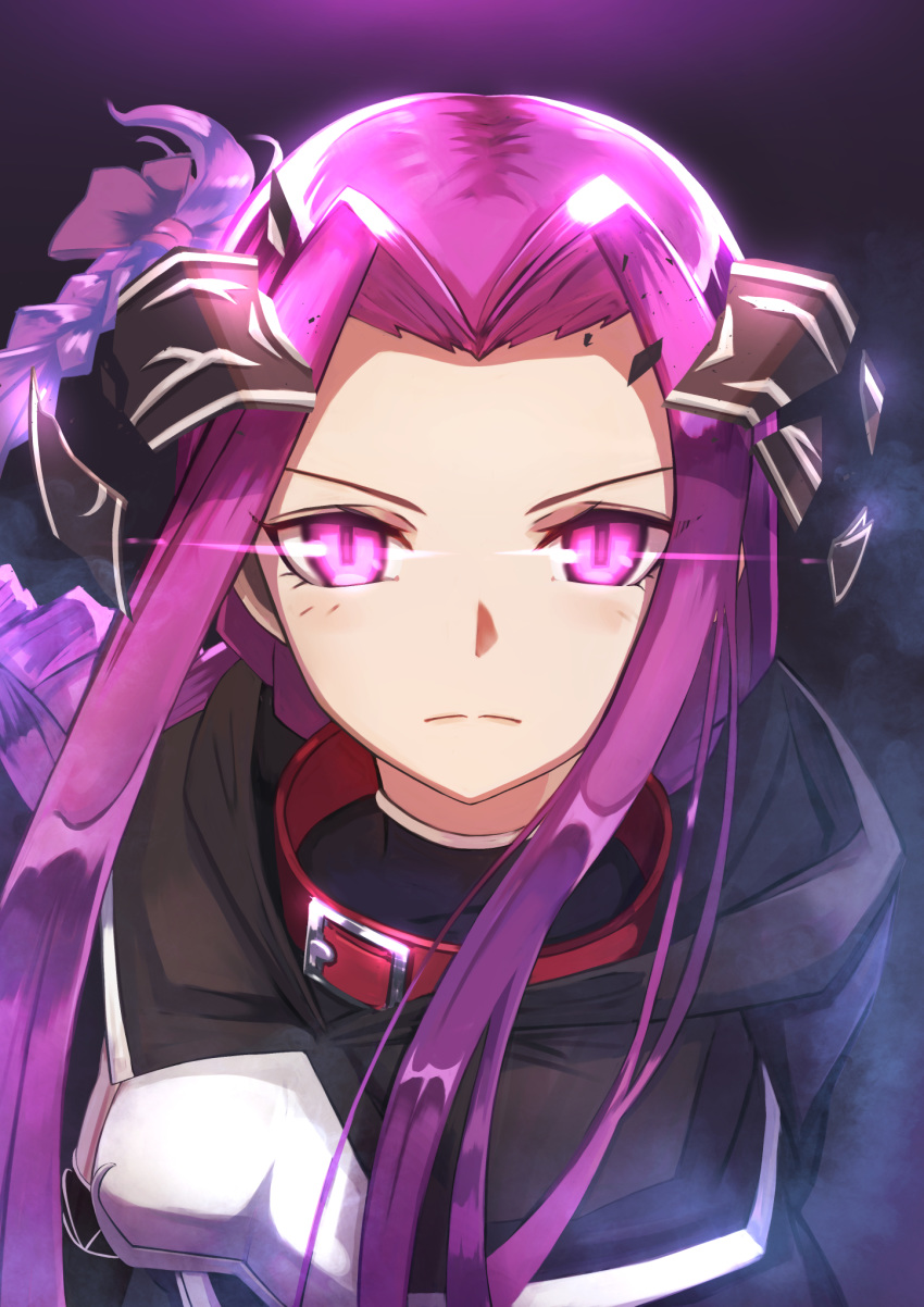 &gt;:( 1girl announ_(kurotya) bangs black_cloak bow braid broken cloak closed_mouth collar commentary_request fate/grand_order fate_(series) floating_hair forehead glowing glowing_eyes hair_bow highres hood hood_down hooded_cloak light_frown long_hair looking_at_viewer medusa_(lancer)_(fate) parted_bangs purple_bow purple_hair rectangular_pupils red_collar rider sidelocks v-shaped_eyebrows very_long_hair violet_eyes