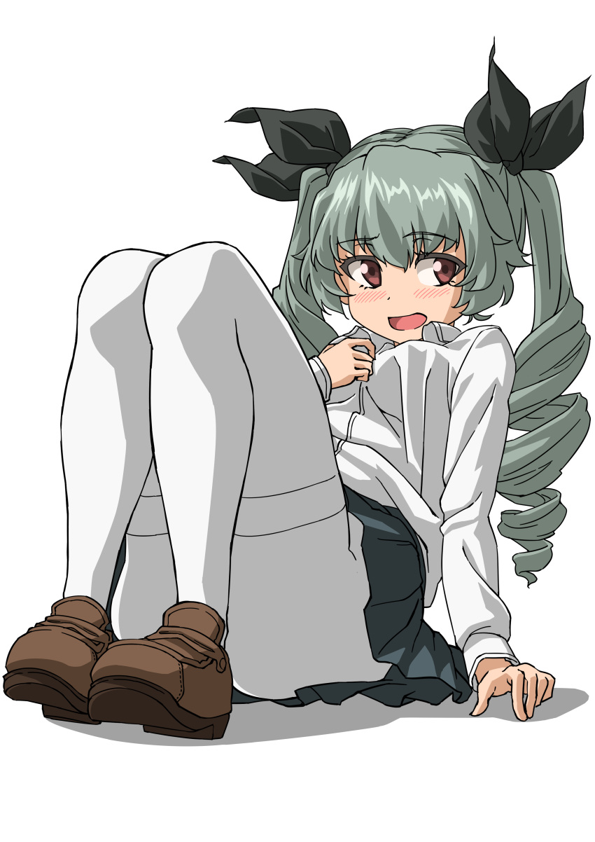 1girl absurdres anchovy_(girls_und_panzer) anzio_school_uniform bangs black_ribbon black_skirt blush brown_footwear convenient_censoring dress_shirt drill_hair eyebrows_visible_through_hair girls_und_panzer green_hair hair_ribbon hand_on_own_chest helmet_(trailblazer003) highres leaning_back loafers long_hair long_sleeves looking_at_viewer miniskirt open_mouth pantyhose pleated_skirt red_eyes ribbon school_uniform shadow shirt shoes simple_background sitting skirt smile solo thighband_pantyhose twin_drills twintails white_background white_legwear white_shirt