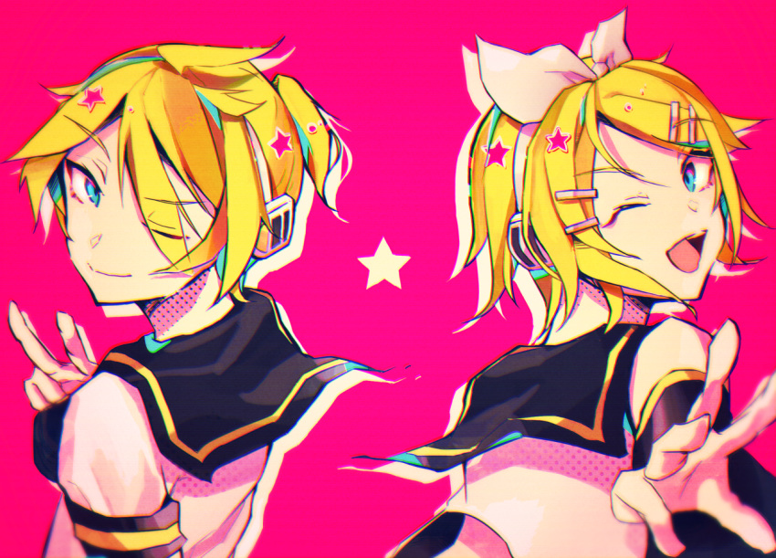 bangs black_collar black_sleeves blonde_hair blue_eyes bow collar commentary crop_top detached_sleeves from_behind hair_bow hair_ornament hairclip headphones kagamine_len kagamine_rin kikori70796699 looking_at_viewer one_eye_closed open_mouth outstretched_arm outstretched_hand pink_background sailor_collar school_uniform shirt short_hair short_ponytail short_sleeves sleeveless sleeveless_shirt smile spiky_hair star swept_bangs upper_body v vocaloid white_bow white_shirt