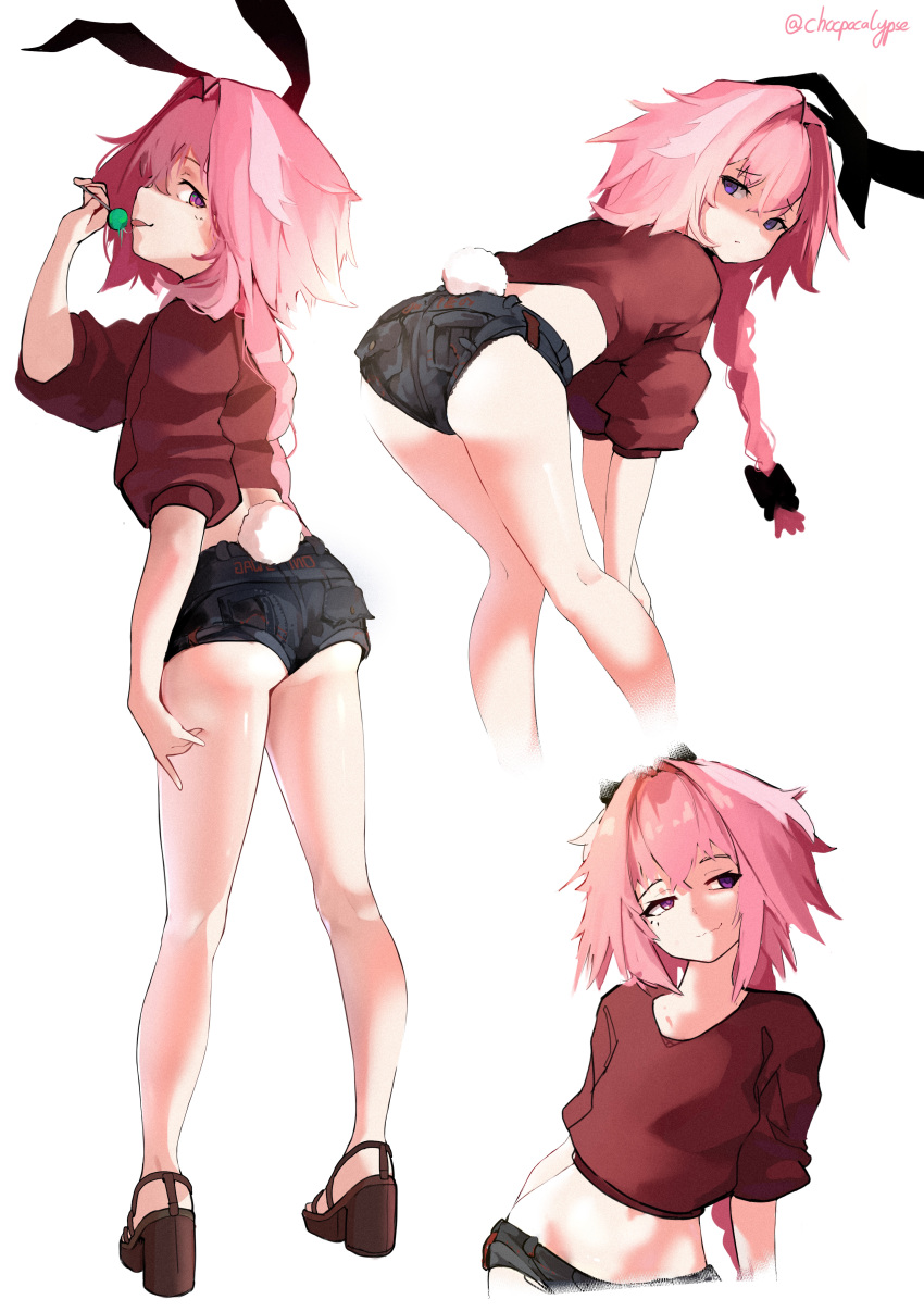1boy absurdres ass astolfo_(fate) bent_over black_bow bow braid bunny_tail candy chocpocalypse fang fate/apocrypha fate_(series) food hair_intakes highres licking lollipop long_braid looking_at_viewer male_focus midriff multicolored_hair otoko_no_ko over_shoulder pink_hair short_shorts short_sleeves shorts single_braid skin_fang smile solo streaked_hair tail tongue tongue_out twitter_username violet_eyes