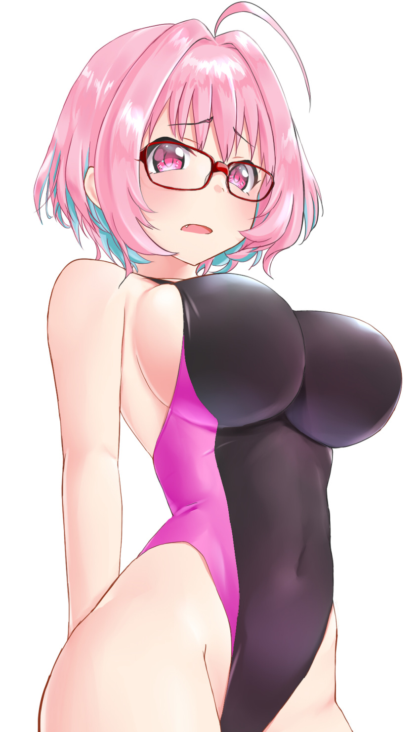 1girl ahoge aimobake arm_behind_back bangs bespectacled black_swimsuit blue_hair blush breasts covered_navel cowboy_shot eyebrows_visible_through_hair fang glasses groin hair_intakes highleg highleg_swimsuit highres idolmaster idolmaster_cinderella_girls large_breasts looking_at_viewer multicolored_hair one-piece_swimsuit open_mouth pink_eyes pink_hair raised_eyebrows red-framed_eyewear short_hair simple_background solo swimsuit two-tone_hair yumemi_riamu