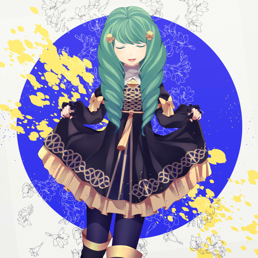 1girl boots bow closed_eyes crml_orng dress drill_hair fire_emblem fire_emblem:_three_houses flayn_(fire_emblem) flower green_hair grey_background hair_ornament hairclip highres long_hair open_mouth solo thigh-highs