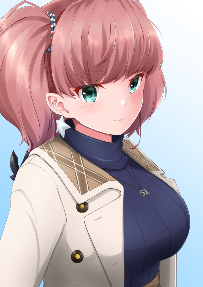 1girl absurdres alternate_costume anchor_hair_ornament atlanta_(kantai_collection) bangs blue_background blue_hair blue_sweater blush breasts brown_hair earrings eyebrows_visible_through_hair hair_ornament highres jacket jewelry kantai_collection large_breasts long_hair long_sleeves necklace ribbed_sweater ribbon simple_background single_earring smile solo star star_earrings sweater tonbury turtleneck turtleneck_sweater twintails upper_body