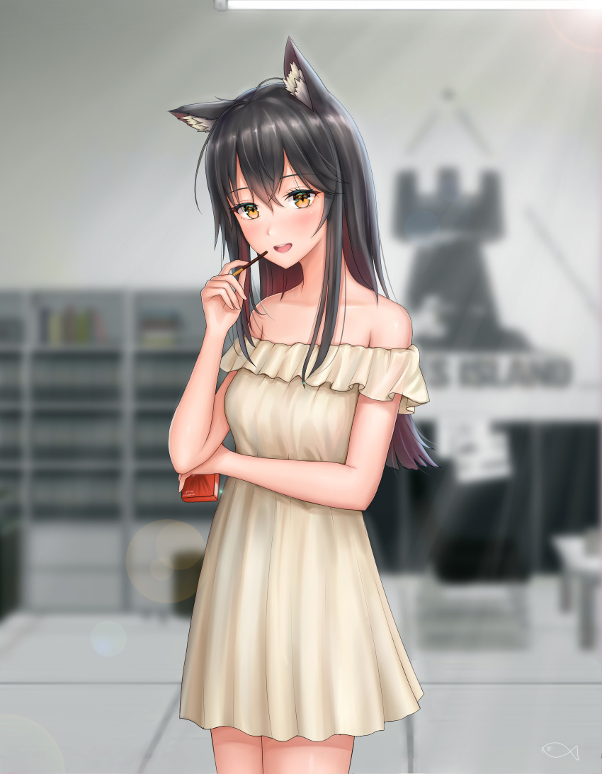 1girl :d absurdres alternate_costume animal_ear_fluff animal_ears arknights bangs bare_shoulders beige_dress black_hair blurry blurry_background blush breasts brown_eyes brown_hair collarbone commentary_request cowboy_shot dress eyebrows_visible_through_hair food hair_between_eyes hand_up highres holding holding_food indoors long_hair looking_at_viewer medium_breasts multicolored_hair off-shoulder_dress off_shoulder open_mouth pocky revision short_dress sidelocks smile solo standing texas_(arknights) wolf_ears yuyuyu_(pixiv19949705)