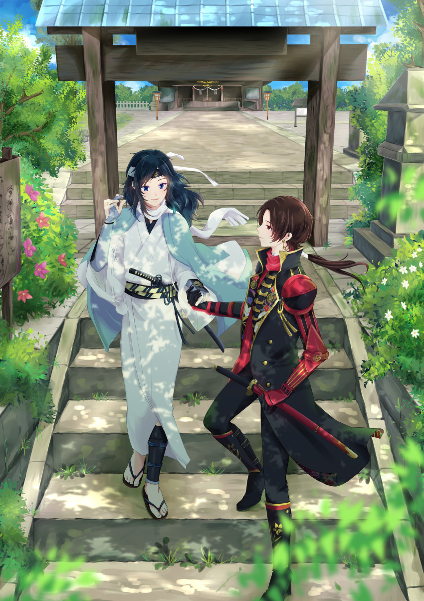 2boys absurdres armor black_gloves black_hair blue_eyes blue_sky blurry boots brown_hair coat depth_of_field earrings flower gloves grass haori headband high_heel_boots high_heels highres holding_hands japanese_armor japanese_clothes jewelry kashuu_kiyomitsu katana kimono kiwame_(touken_ranbu) kote kumaru_ayaka male_focus mole mole_under_eye mole_under_mouth multiple_boys red_eyes red_scarf sandals scarf sheath sheathed shinsengumi shrine sky smile sword torii touken_ranbu tree weapon white_scarf yamato-no-kami_yasusada