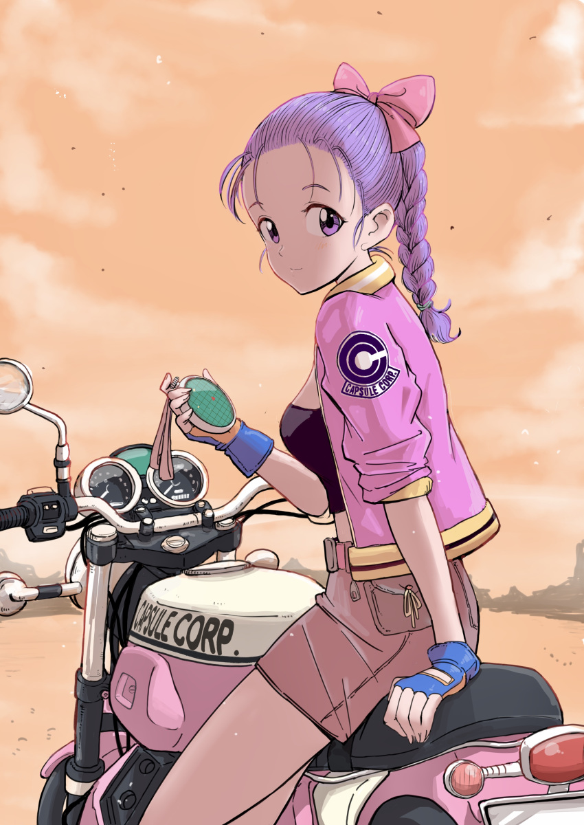 1girl absurdres arm_support bare_legs belt blue_gloves blush braid breasts brown_shorts bulma capsule_corp clouds cloudy_sky day desert dragon_ball dragon_ball_(classic) dragon_radar dust fanny_pack fingerless_gloves fingernails gloves ground_vehicle hair_ribbon highres holding jacket kajino_(aosansai) light_smile looking_away medium_breasts midriff mirror motor_vehicle motorcycle mountain mountainous_horizon open_clothes open_jacket orange_sky outdoors pink_jacket pink_ribbon purple_hair rear-view_mirror ribbon sand shaded_face shorts sideboob single_braid sitting sky solo strapless tubetop upper_teeth violet_eyes