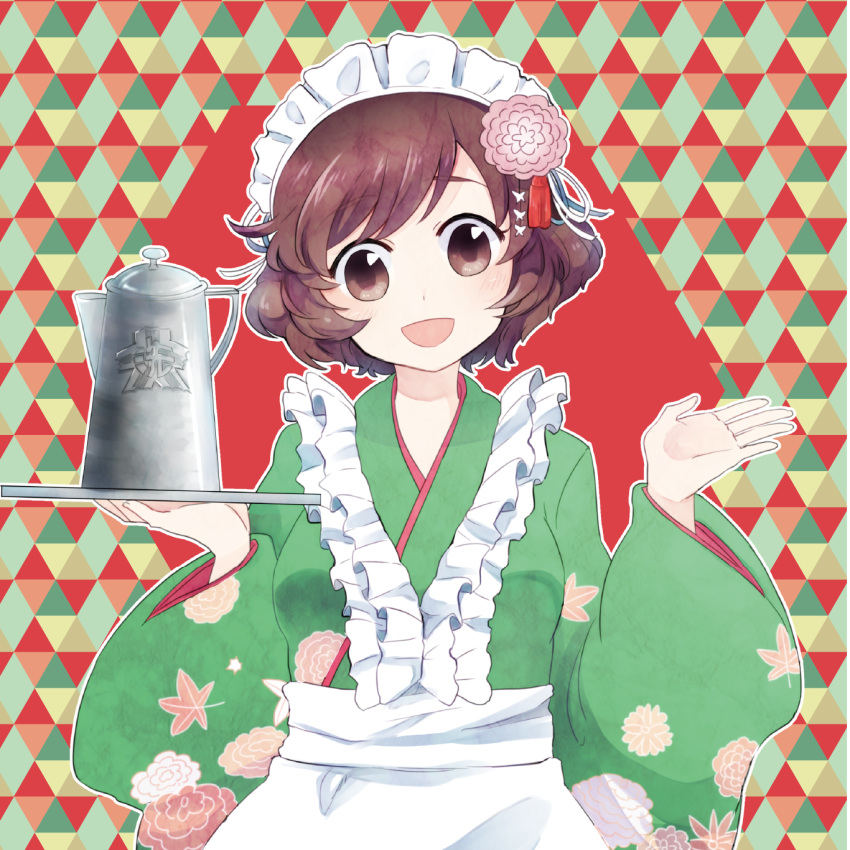 1girl akiyama_yukari alternate_costume apron bangs brown_eyes brown_hair emblem enmaided floral_print flower frilled_apron frills gesture girls_und_panzer green_kimono hair_flower hair_ornament highres holding holding_tray japanese_clothes kimono long_sleeves looking_at_viewer maid maid_apron maid_headdress messy_hair ooarai_(emblem) open_mouth print_kimono short_hair smile solo standing teapot tray wa_maid white_apron wide_sleeves yukata zarameru_(tsukumo)