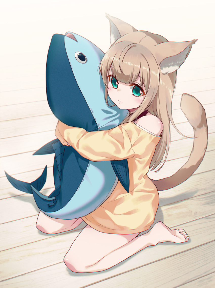 1girl 40hara absurdres animal_ear_fluff animal_ears aqua_eyes bangs bare_legs bare_shoulders barefoot blush cat_ears cat_girl cat_tail closed_mouth collar commentary_request eyebrows_visible_through_hair feet hair_between_eyes highres holding holding_stuffed_animal kinako kinako_(40hara) light_brown_hair long_sleeves looking_at_viewer on_floor original red_collar simple_background sitting smile soles solo stuffed_animal stuffed_fish stuffed_toy tail tail_raised toes wariza wooden_floor