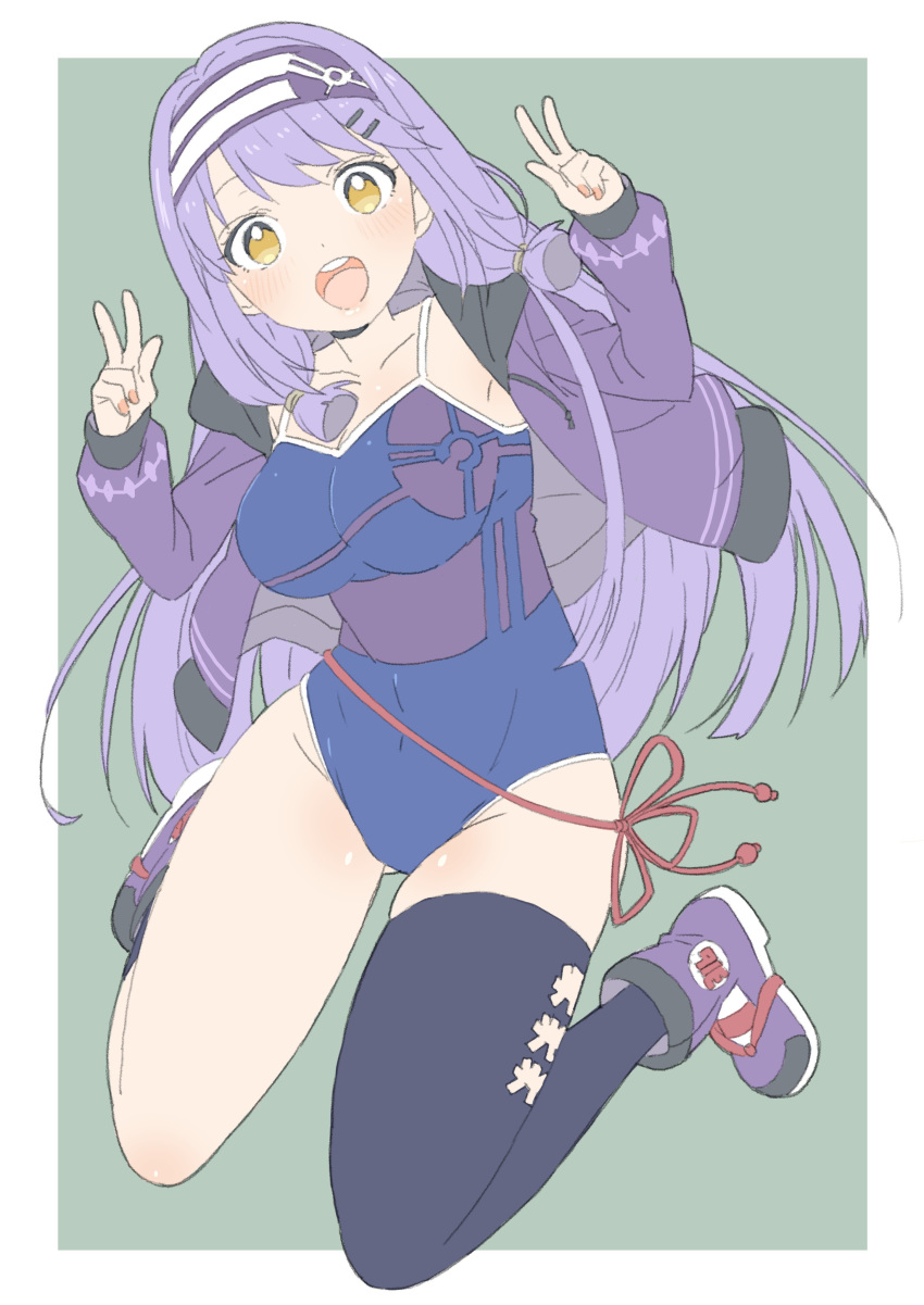 1girl :d absurdres blue_swimsuit boots breasts copyright_request donguri_suzume double_v green_background hair_ornament hairclip hands_up headband highres jacket large_breasts long_hair long_sleeves looking_at_viewer one-piece_swimsuit open_clothes open_jacket open_mouth outline pink_nails purple_footwear purple_jacket purple_legwear red_ribbon ribbon round_teeth simple_background single_thighhigh smile solo swimsuit teeth thigh-highs upper_teeth v very_long_hair white_outline yellow_eyes
