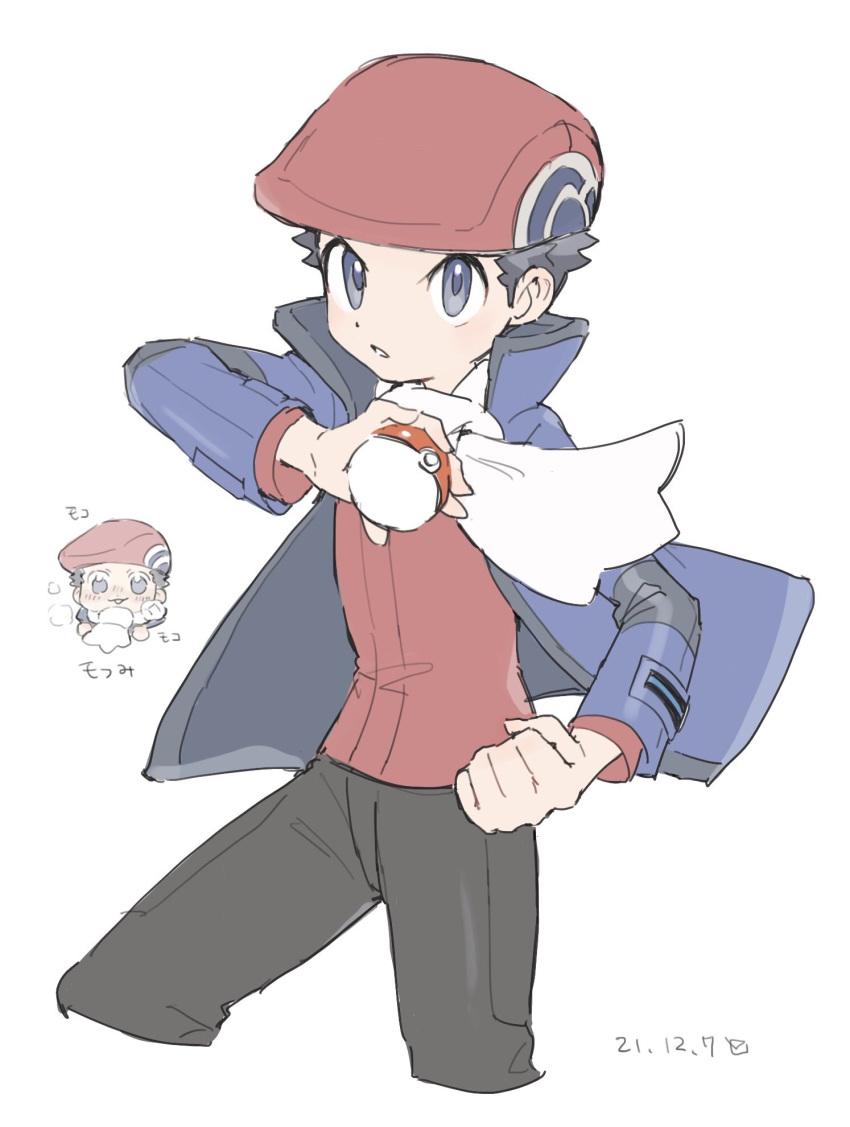 1boy blue_jacket clenched_hand commentary_request dated grey_eyes gu_1156 hat highres holding holding_poke_ball jacket long_sleeves lucas_(pokemon) male_focus multiple_views open_clothes open_jacket pants parted_lips poke_ball poke_ball_(basic) pokemon pokemon_(game) pokemon_dppt pokemon_platinum red_headwear red_shirt scarf shirt short_hair white_background white_scarf