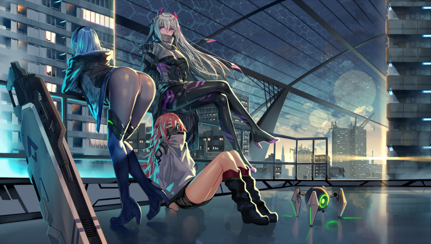 3girls akusema ass bangs bent_over black_bodysuit black_footwear black_hairband black_jacket black_shorts blue_eyes blue_hair blue_jacket bodysuit boots breasts building city commentary_request grey_hair grey_legwear grey_sweater hair_between_eyes hair_ornament hairband jacket large_breasts long_hair looking_at_viewer multicolored multicolored_clothes multicolored_jacket multiple_girls on_ground original outdoors pantyhose pink_footwear redhead robot shoes short_shorts shorts sitting sweater weapon