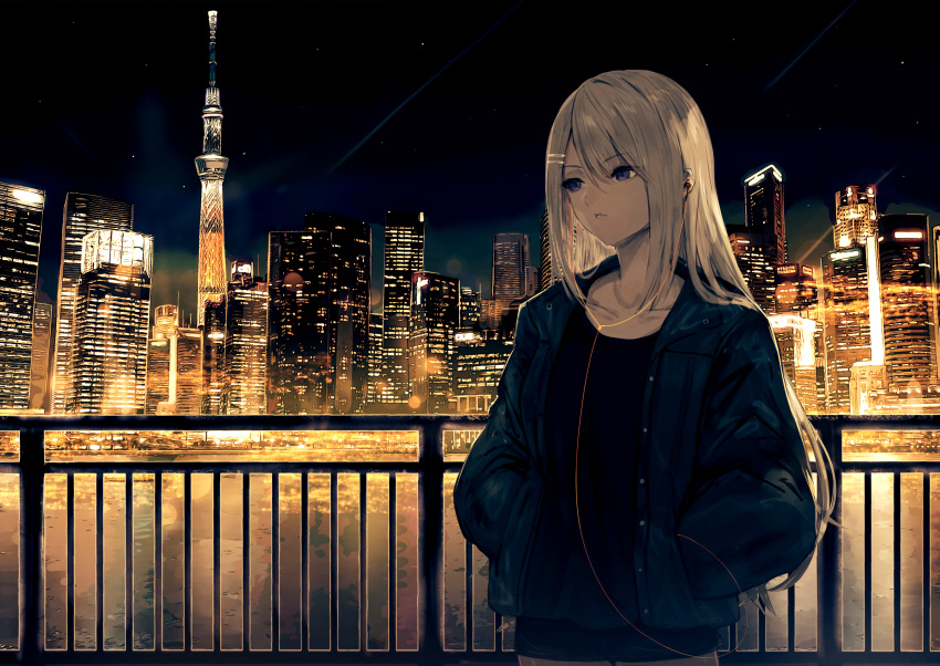 1girl bangs black_jacket black_shirt black_shorts building city city_lights cityscape collarbone commentary_request cowboy_shot earphones eyebrows_visible_through_hair hair_between_eyes hair_ornament hairclip hands_in_pockets highres higuchi_kaede jacket kumamoto_nomii-kun lake long_hair long_sleeves looking_away night night_sky nijisanji open_clothes open_jacket outdoors parted_lips railing shirt short_shorts shorts silver_hair sky skyscraper solo star_(sky) starry_sky tokyo tokyo_sky_tree very_long_hair violet_eyes virtual_youtuber water