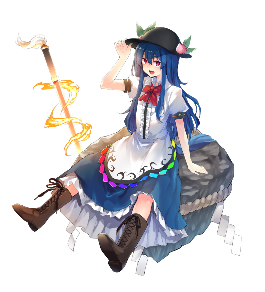 1girl apron black_headwear blue_hair blue_skirt boots bow bowtie brown_footwear cross-laced_footwear food frills fruit full_body hand_on_headwear hat highres hinanawi_tenshi keystone leaf long_hair long_skirt looking_at_viewer neck_ribbon open_mouth peach puffy_short_sleeves puffy_sleeves rainbow_order red_bow red_eyes ribbon rope shimenawa shirt short_sleeves simple_background sitting sitting_on_object skirt sword sword_of_hisou touhou weapon white_background white_shirt wing_collar yuzuhoge