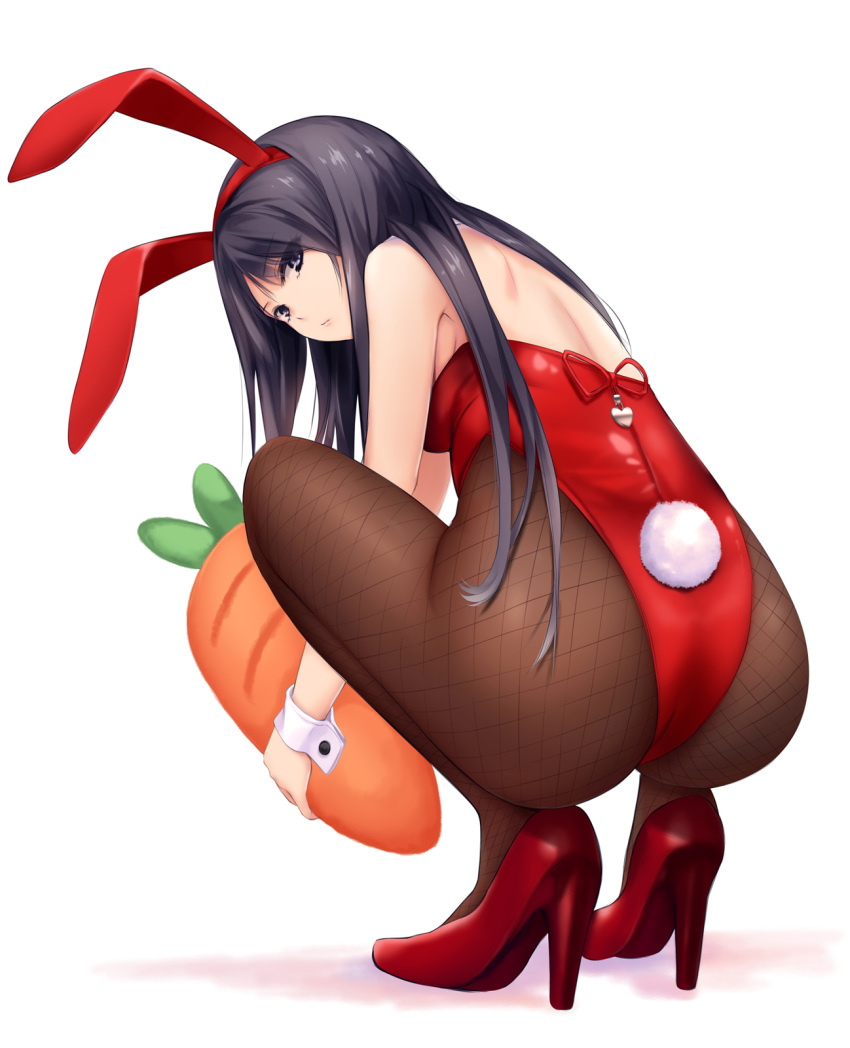 1girl animal_ears black_eyes black_hair brown_legwear bunny_girl bunny_tail bunnysuit carrot coffee-kizoku commentary_request fishnet_legwear fishnets from_behind full_body high_heels highres leotard long_hair looking_at_viewer looking_back original pantyhose rabbit_ears red_footwear red_leotard shiramine_rika simple_background solo squatting strapless strapless_leotard tail white_background wrist_cuffs