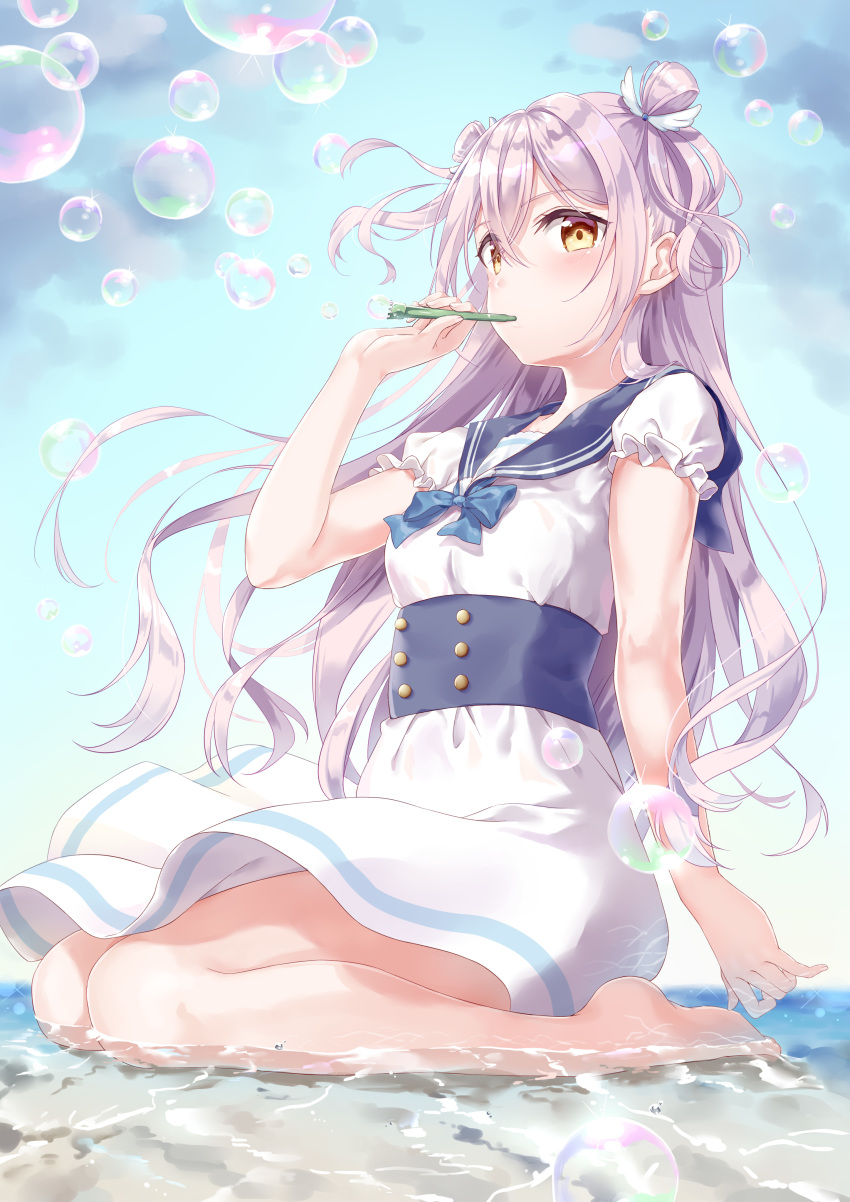 1girl absurdres air_bubble bangs blue_neckwear blush bow bowtie breasts bubble bubble_blowing bubble_pipe clouds cloudy_sky commentary_request double_bun dress eyebrows_visible_through_hair floating_hair hair_between_eyes highres holding holding_pipe long_hair looking_at_viewer original partially_submerged pipe sailor_collar short_sleeves sidelocks silver_hair siooooono sitting sky small_breasts solo wariza water white_dress wing_hair_ornament yellow_eyes