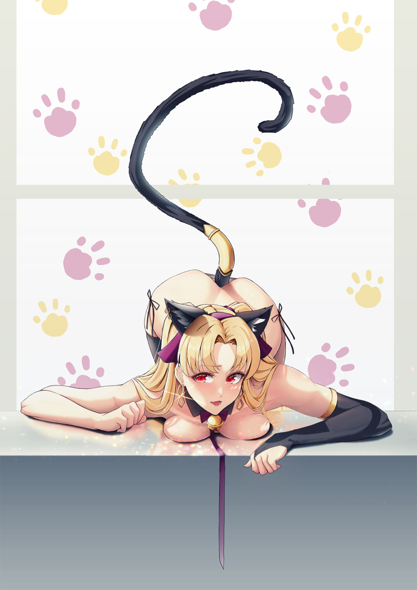 1girl animal_ears asymmetrical_clothes asymmetrical_sleeves bikini blonde_hair breast_press cat_ears cat_tail commentary commentary_request earrings ereshkigal_(fate/grand_order) fate/grand_order fate_(series) happymonk highres jewelry long_hair open_mouth paw_pose paws red_eyes side-tie_bikini single_thighhigh swimsuit tail thigh-highs top-down_bottom-up very_long_hair