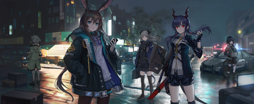 5girls absurdres amiya_(arknights) animal_ears arknights bag black_gloves black_jacket black_shorts blue_eyes blue_hair brown_hair building car carrying ch'en_(arknights) crate dragon_horns dragon_tail duffel_bag fingerless_gloves floating_hair gloves green_jacket grey_hair ground_vehicle hand_in_pocket highres holding horns jacket jessica_(arknights) kal'tsit liskarm_(arknights) long_hair looking_at_viewer low_twintails miniskirt motor_vehicle multiple_girls necktie night off_shoulder outdoors pantyhose police_car rabbit_ears red_eyes riot_shield road shirt shoes short_shorts shorts skirt street sword tail thigh-highs truck twintails weapon white_shirt zettai_ryouiki zhai