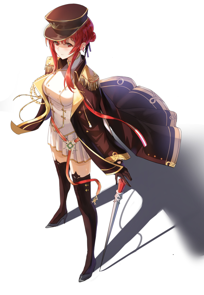 1girl absurdres azur_lane black_coat black_footwear black_headwear boots breasts cane coat epaulettes highres large_breasts looking_at_viewer manu_(pixiv41646715) military military_uniform monarch_(azur_lane) open_clothes open_coat pleated_skirt red_eyes redhead shirt short_hair sidelocks skirt solo thigh-highs thigh_boots uniform white_shirt white_skirt
