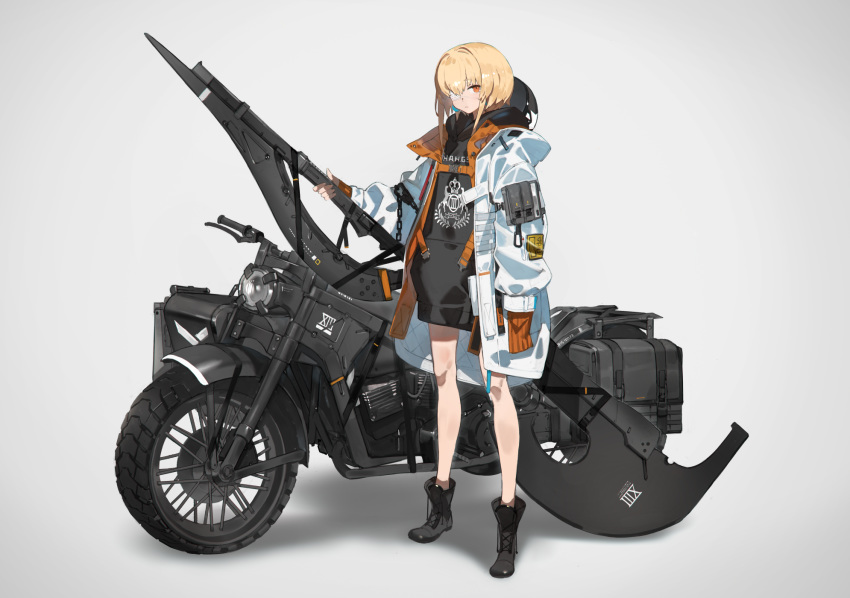 1girl axe bangs bare_legs belt_buckle black_dress black_footwear blonde_hair boots buckle commentary dress eyepatch full_body grey_background ground_vehicle heavily_armed_high_school_girls highres holding holding_axe holding_weapon hood hood_down jacket long_sleeves medical_eyepatch motor_vehicle motorcycle neco open_clothes open_jacket orange_eyes original san_(neco) short_hair sidelocks simple_background sleeves_past_fingers sleeves_past_wrists solo standing weapon white_jacket