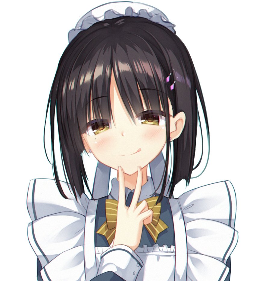 1girl :q apron bangs black_dress black_hair blush bow brown_bow brown_eyes cafe_stella_to_shinigami_no_chou cariboy closed_mouth collared_shirt dress earrings eyebrows_visible_through_hair hair_between_eyes hand_up hat head_tilt highres jewelry long_sleeves looking_at_viewer maid maid_apron mob_cap mole mole_under_eye shiki_natsume shirt sidelocks simple_background smile solo striped striped_bow stud_earrings tongue tongue_out upper_body v white_apron white_background white_headwear