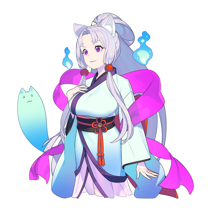 1girl :3 animal_ear_fluff animal_ears arm_at_side bangs black_sash blue_fire blue_kimono breasts copyright_request cropped_legs fire fox_ears ghost grey_hair hair_bobbles hair_ornament hand_on_own_chest hand_up highres japanese_clothes kimono large_breasts long_hair long_sleeves nagisa_kurousagi obi parted_bangs ponytail sash shawl sidelocks simple_background smile solo standing very_long_hair violet_eyes white_background wide_sleeves