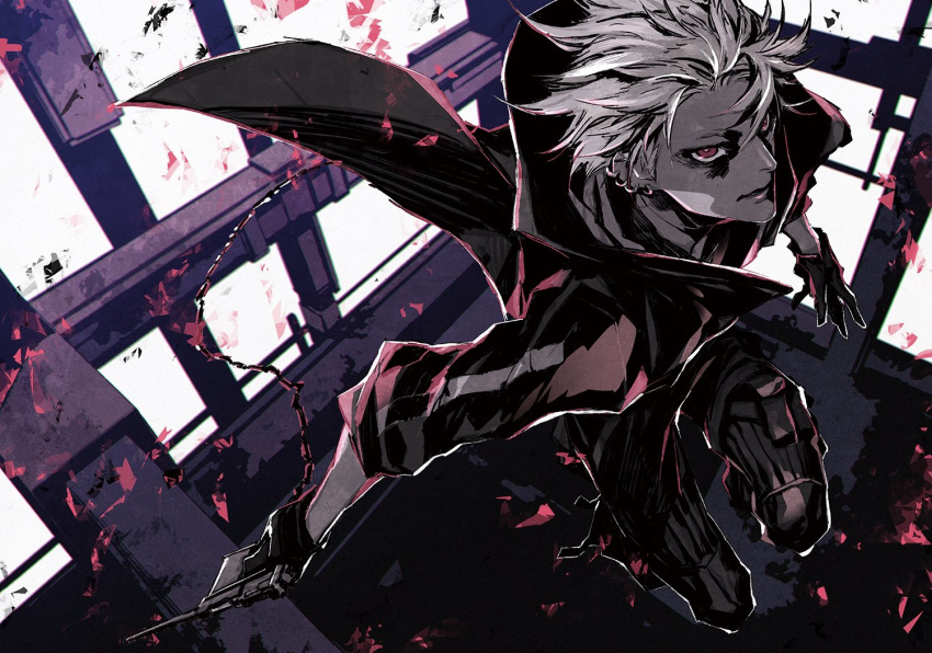1boy black_coat black_gloves coat earrings gloves hair_between_eyes holding holding_weapon jewelry male_focus miwa_shirou original parted_lips red_eyes sleeves_rolled_up solo weapon white_hair