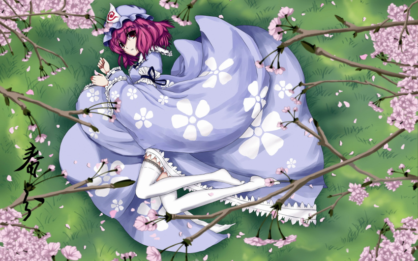 1girl arm_garter bangs blue_bow blue_kimono bow branch cherry_blossoms eyebrows_visible_through_hair floral_print frilled_kimono frills grass hair_between_eyes hat japanese_clothes kimono lace lace-trimmed_legwear long_sleeves looking_at_viewer lying mob_cap on_side outdoors parted_lips petals purple_hair red_eyes saigyouji_yuyuko short_hair solo thigh-highs touhou triangular_headpiece vittorio_veneto_(fayuuka) white_legwear wide_sleeves