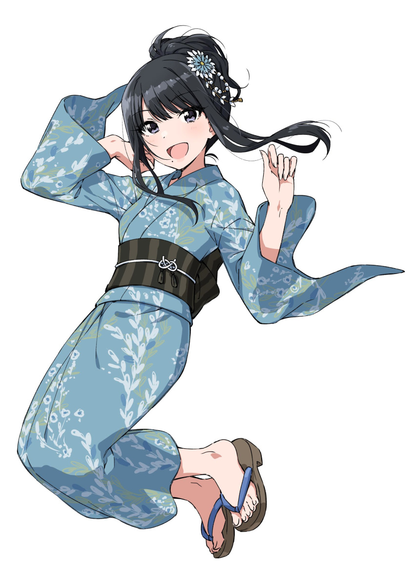 1girl :d bangs black_hair blue_eyes commentary_request floral_print flower full_body geta hair_flower hair_ornament high_ponytail highres idolmaster idolmaster_shiny_colors japanese_clothes kazano_hiori kimono looking_at_viewer mole mole_under_mouth nagami_tami obi open_mouth sandals sash smile solo white_background wide_sleeves