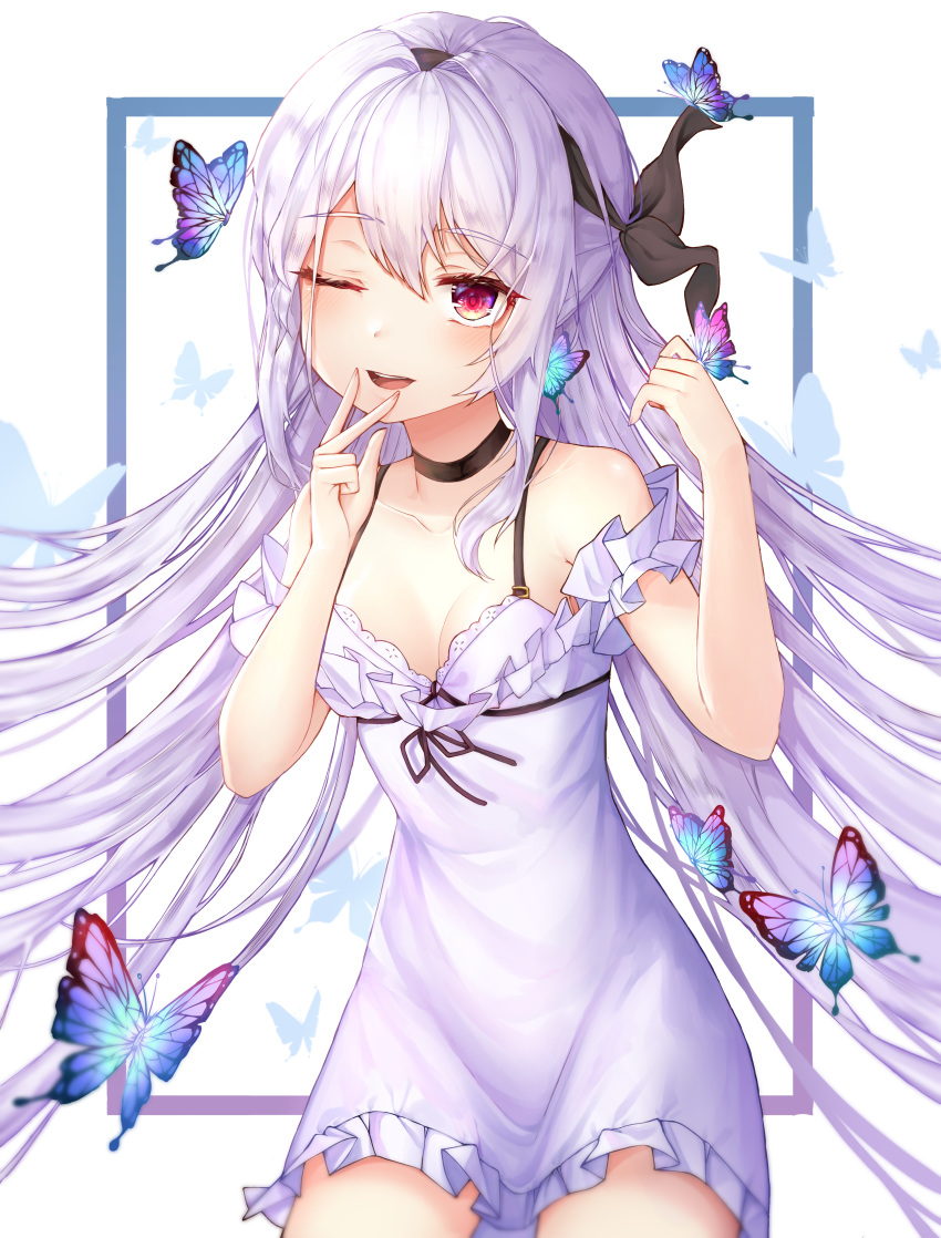 1girl absurdres black_choker breasts bug butterfly choker collarbone dress fage hairband highres huge_filesize insect long_hair looking_at_viewer medium_breasts one_eye_closed open_mouth original red_eyes silver_dress silver_hair solo very_long_hair