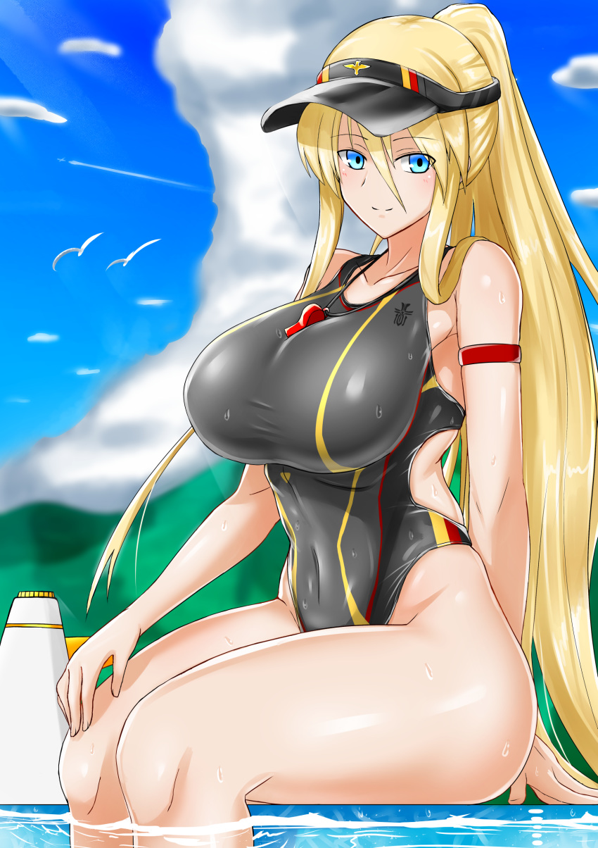 1girl absurdres alo4610 azur_lane bismarck_(azur_lane) black_swimsuit blonde_hair blue_eyes blue_sky breasts clouds commentary_request competition_swimsuit covered_navel cowboy_shot day highres large_breasts long_hair megaphone one-piece_swimsuit outdoors ponytail sitting sky smile solo swimsuit visor_cap whistle whistle_around_neck