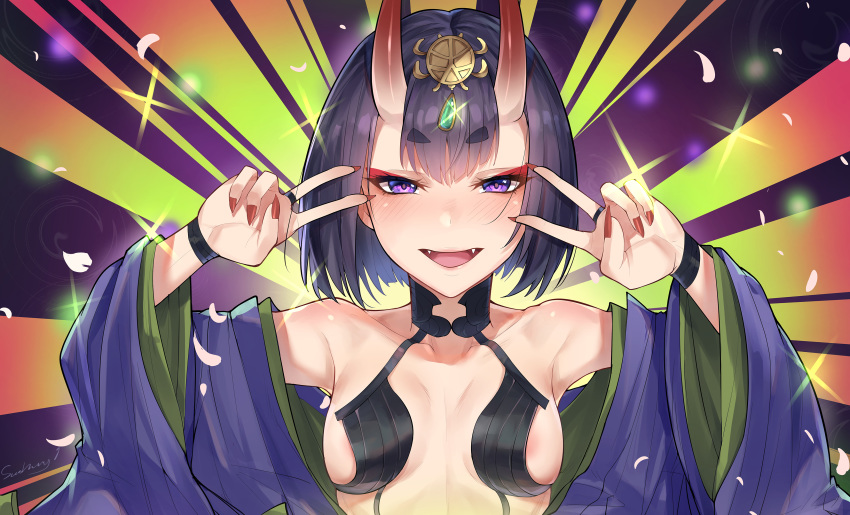 1girl absurdres bangs bare_shoulders blush bob_cut breasts double_v emotional_engine_-_full_drive eyeliner fangs fate/grand_order fate_(series) hands_up headpiece highres horns japanese_clothes kaer_sasi_dianxia kimono long_sleeves looking_at_viewer makeup off_shoulder oni oni_horns open_mouth parody purple_hair purple_kimono revealing_clothes short_eyebrows short_hair shuten_douji_(fate/grand_order) skin-covered_horns small_breasts smile solo striped striped_background v violet_eyes wide_sleeves
