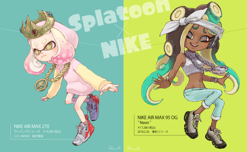 +_+ 2girls bandana bangs blunt_bangs brown_eyes brown_legwear capri_pants cephalopod_eyes chain commentary_request copyright_name crop_top crown dark_skin denim domino_mask dress english_text fang green_eyes green_pants grey_footwear headphones highres hime_(splatoon) hinana37 iida_(splatoon) jeans jewelry logo long_sleeves looking_at_viewer makeup mascara mask medallion mole mole_under_mouth multicolored multicolored_hair multicolored_skin multiple_girls navel navel_piercing no_socks octarian open_mouth pants piercing pink_dress pink_hair pink_pupils ring shirt shoes short_hair sleeveless sleeveless_shirt smile sneakers socks splatoon_(series) splatoon_2 splatoon_2:_octo_expansion standing standing_on_one_leg sweater sweater_dress tentacle_hair watch watch white_shirt yellow_headwear