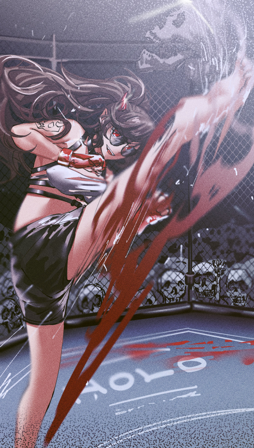 1girl barefoot black_shorts blood breasts brown_hair clenched_hands crop_top crowd fingerless_gloves floating_hair gloves hair_behind_ear highres hololive hololive_english horns j-chad kicking leg_up long_hair medium_breasts mma_gloves open_mouth red_eyes red_gloves set7 shorts skeleton smile soles solo_focus sunglasses sweat tied_hair