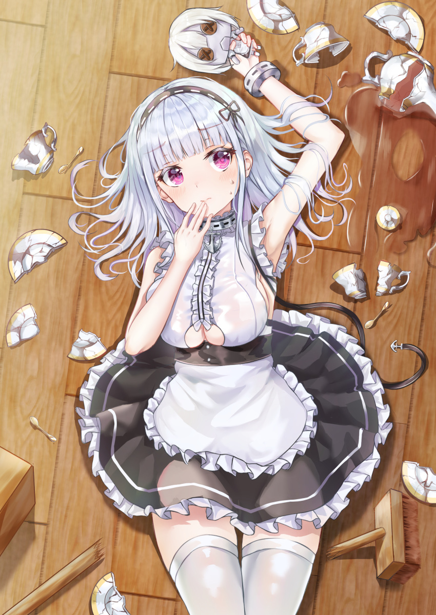 1girl absurdres accident apron arm_up armpits azur_lane bare_arms bare_shoulders black_dress breasts broken broom character_doll closed_mouth cup dido_(azur_lane) dress frilled_dress frills hairband hand_up highres kano_(mgnnew12) large_breasts long_hair looking_at_viewer lying maid maid_apron on_back on_floor pink_eyes saucer silver_hair sleeveless sleeveless_dress solo sweat tea teacup teapot teaspoon thigh-highs under_boob underboob_cutout white_legwear wooden_floor zettai_ryouiki
