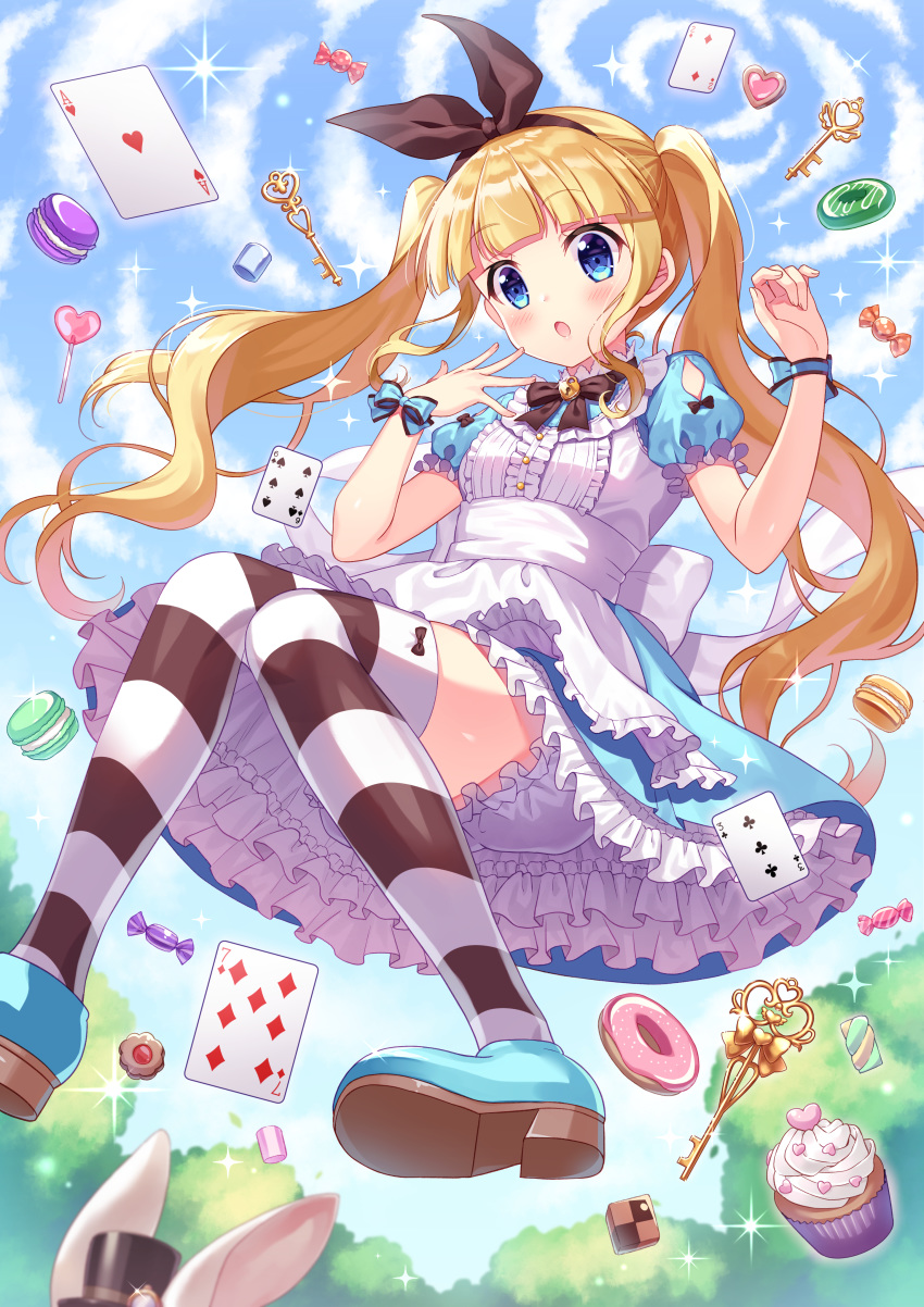 1girl :o absurdres animal_ears back_bow black_bow blonde_hair bloomers blue_dress blue_eyes blush bow candy card clouds cloudy_sky commentary dress eyebrows_visible_through_hair floating food frilled_dress frills hair_bow hat highres key knees_together_feet_apart layered_dress lollipop looking_at_viewer open_mouth original outdoors playing_card rabbit rabbit_ears ribbon short_sleeves sidelocks siooooono sky solo sparkle striped striped_legwear thigh-highs top_hat tree twintails underwear wrist_ribbon