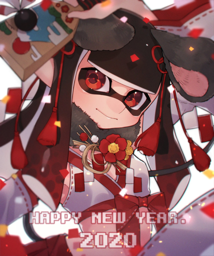 1girl 2020 animal_ears arm_up bangs black_hair blunt_bangs chinese_zodiac closed_mouth commentary crop_top detached_sleeves domino_mask ema english_commentary english_text fake_animal_ears fake_tail flower fur_collar gradient_hair happy_new_year highres holding inkling long_hair looking_at_viewer mask mouse_ears mouse_tail multicolored_hair new_year nontraditional_miko pointy_ears prat_rat red_eyes red_skirt redhead skirt smile solo sparkle splatoon_(series) tail tentacle_hair upper_body white_sleeves year_of_the_rat
