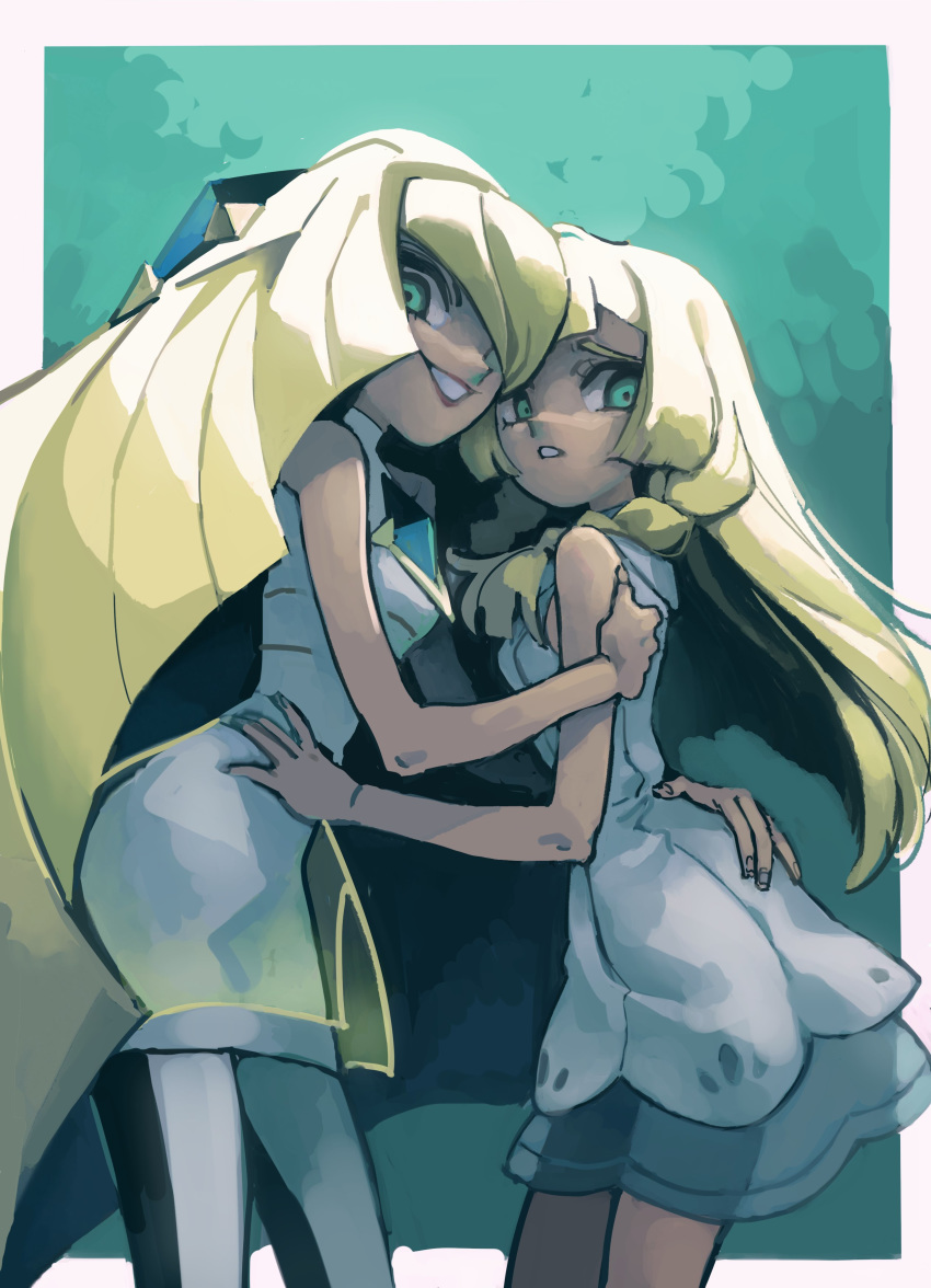 2girls absurdres bangs blonde_hair breasts dress green_eyes grin highres hug lillie_(pokemon) long_hair looking_at_viewer lusamine_(pokemon) mother_and_daughter multiple_girls pokemon pokemon_(game) pokemon_sm robomb small_breasts smile standing upper_body white_dress