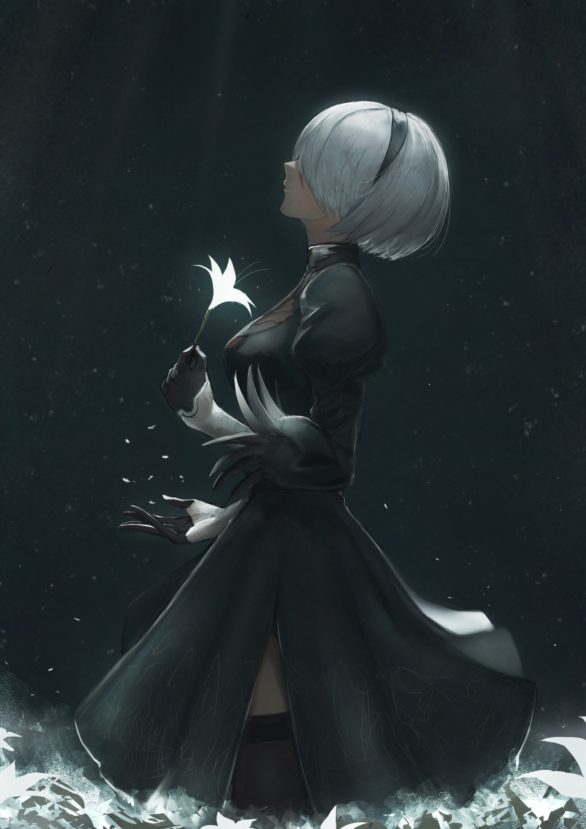 1girl black_dress black_gloves black_hairband black_legwear breasts closed_mouth commentary_request dress facing_away flower from_side gloves hairband highres holding holding_flower juliet_sleeves long_sleeves marumoru medium_breasts nier_(series) nier_automata puffy_sleeves short_hair silver_hair solo standing thigh-highs white_flower yorha_no._2_type_b