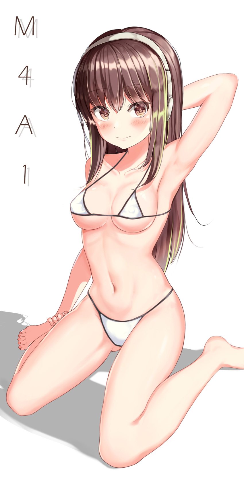 1girl arm_behind_head armpits bangs bikini blush collarbone commentary_request eyebrows_visible_through_hair girls_frontline highres kneeling long_hair looking_at_viewer m4a1_(girls_frontline) multicolored_hair navel simple_background solo streaked_hair swimsuit wabbajack white_background white_bikini white_bikini_bottom white_bikini_top