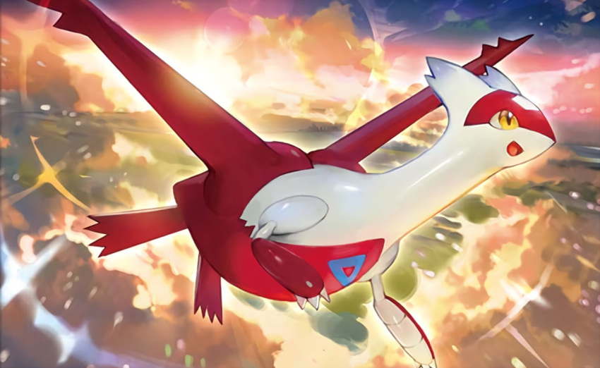 :d chibi_(shimon) claws clouds cloudy_sky creature flying full_body gen_3_pokemon happy latias legendary_pokemon no_humans official_art open_mouth outdoors pokemon pokemon_(creature) pokemon_trading_card_game sky smile solo third-party_source twilight yellow_eyes
