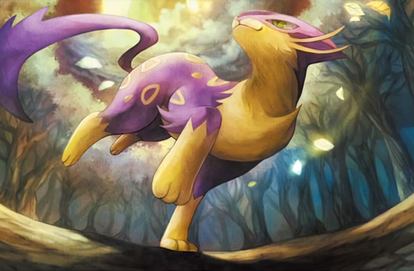 closed_mouth clouds cloudy_sky creature forest full_body gen_5_pokemon green_eyes liepard nature no_humans official_art outdoors pokemon pokemon_(creature) pokemon_trading_card_game running sky solo sui_(petit_comet) third-party_source tree
