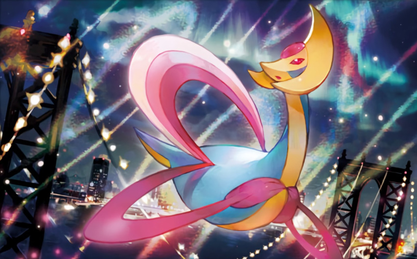 aurora bridge building chibi_(shimon) city creature cresselia floating full_body gen_4_pokemon night night_sky no_humans official_art outdoors pink_eyes pokemon pokemon_(creature) pokemon_trading_card_game sky solo third-party_source water