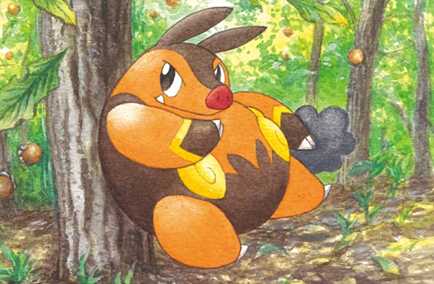 black_eyes claws closed_mouth creature day forest full_body gen_5_pokemon kimura_naoyo nature no_humans official_art outdoors pig pignite pokemon pokemon_(creature) pokemon_trading_card_game solo standing third-party_source tree