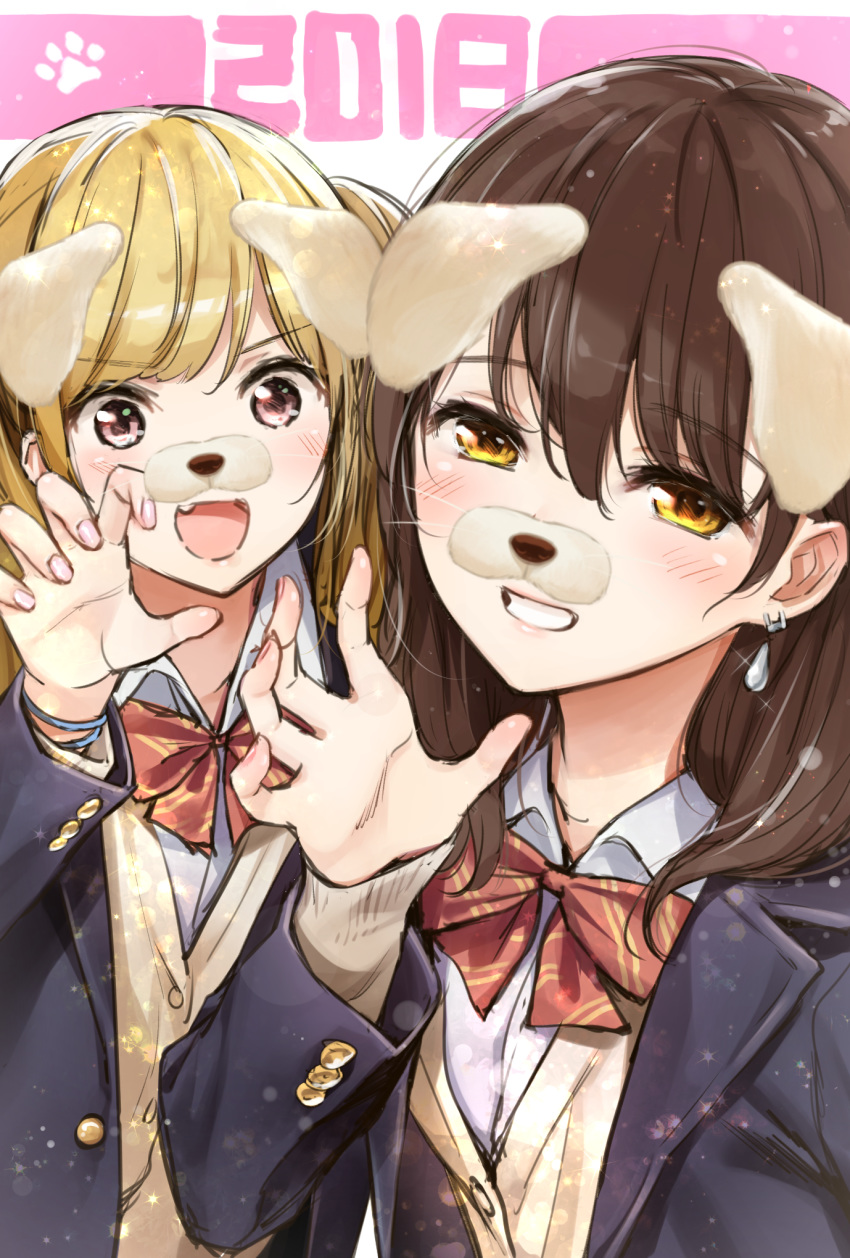 2018 2girls :d animal_ears blonde_hair bow bowtie brown_eyes brown_hair buttons chinese_zodiac claw_pose collared_shirt dog_ears earrings fang glint hand_up highres jacket jewelry long_sleeves looking_at_viewer medium_hair multiple_girls open_clothes open_jacket open_mouth original paw_print pink_eyes pink_nails purple_jacket red_neckwear shirt short_hair smile twintails umakuchi_shouyu vest white_shirt wing_collar year_of_the_dog yellow_vest
