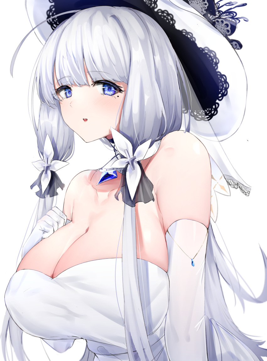 1girl absurdres azarashi_(azrsot) azur_lane blue_eyes blush breasts dress elbow_gloves eyebrows_visible_through_hair gloves hair_ornament hair_ribbon hat highres huge_breasts illustrious_(azur_lane) large_breasts long_hair looking_at_viewer mole mole_under_eye ribbon smile solo strapless strapless_dress sun_hat white_dress white_gloves white_hair